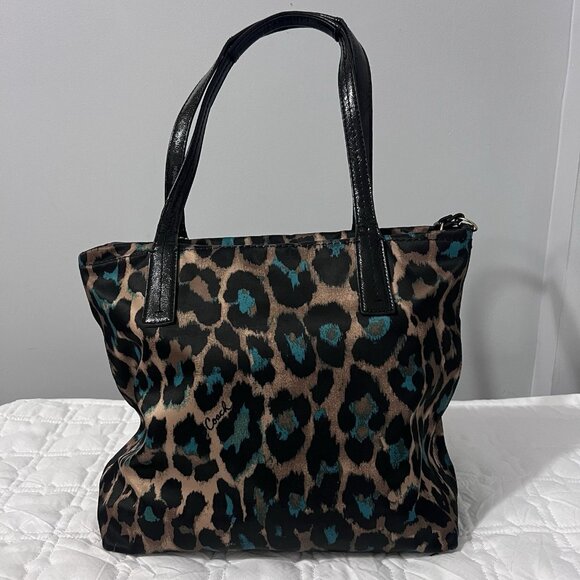 Coach Ocelot Print Tote Teal F25282 Black Teal Brown Shoulder Handbag w Hangtags - Picture 3 of 14